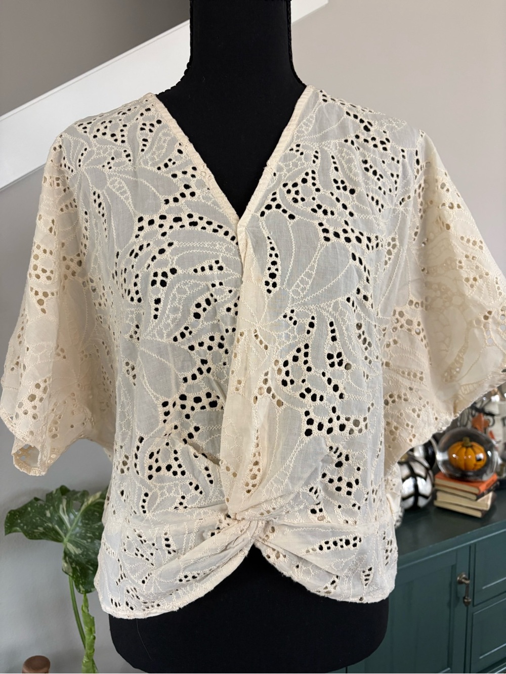 Marc New York Cream Eyelet Knot-Front Blouse